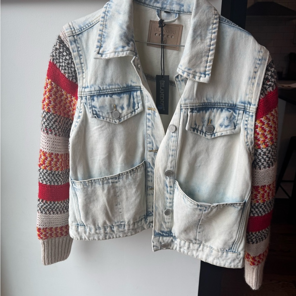 Patchwork Denim Jacket with Knit Sleeves sweater sleeve jacket blank nyc nwt med
